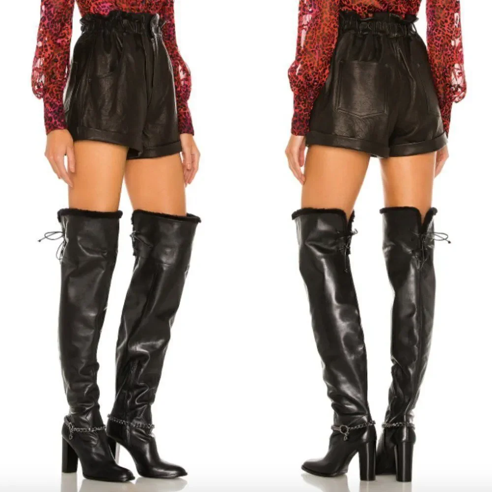 NWT Dundas x Revolve black leather shearling lace up thigh high Kate boots